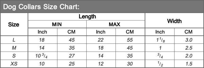 dog collar size chart